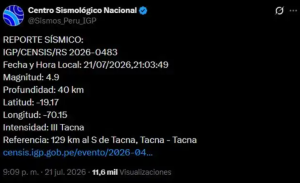 Sismo de magnitud 4,9 sacude Tacna 