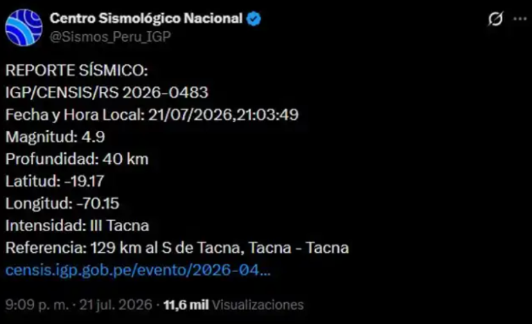 Sismo de magnitud 4,9 sacude Tacna 