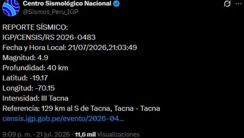 Sismo de magnitud 4,9 sacude Tacna