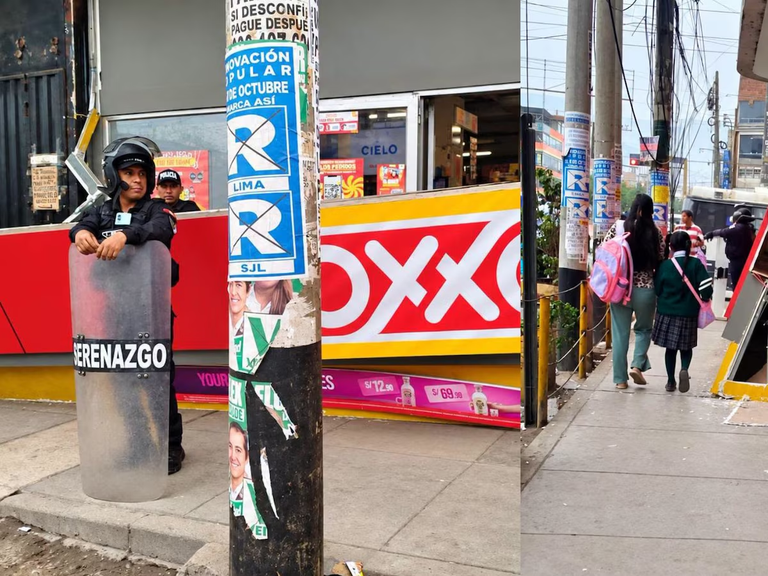 ¡Peligro en San Juan de Lurigancho! Letrero de Oxxo cae y deja heridos a un adulto mayor y un menor